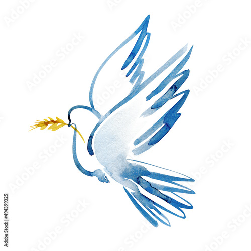 Pray for Ukraine, a dove with a wheat ear wishes for peace. Bird of Peace and kindness