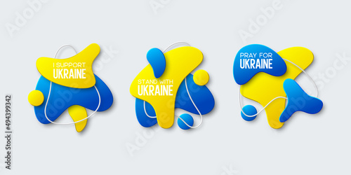 Vector liquid abstract shapes in colors of Ukrainian flag with support of Ukraine. Stop war concept.