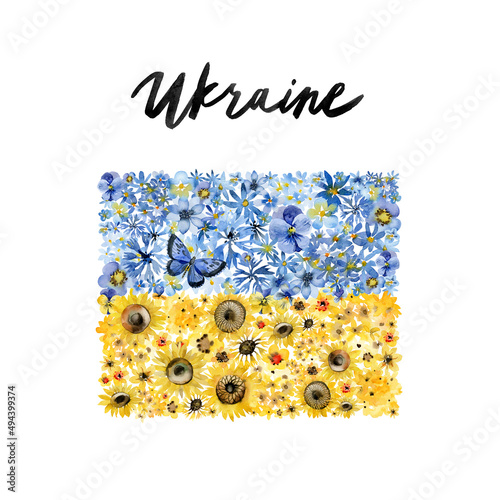 Ukrainian flag made of watercolor flowers. Peace for Ukraine. 