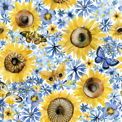 Watercolor seamless pattern with flowers and butterflies in patriotic colors. Ukrainian hand painted pattern for design, fabric, wrapping paper or print. Support and peace for Ukraine.