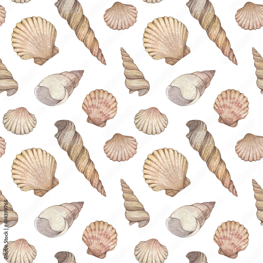 Watercolor seamless pattern with vintage seashells isolated on white ...
