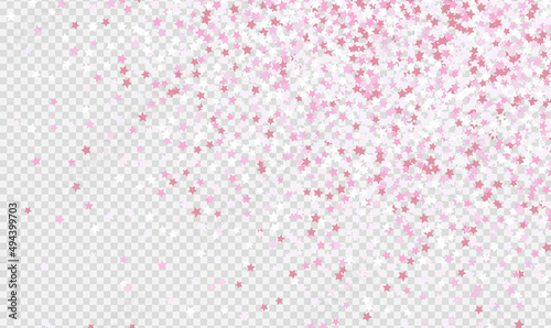 Pink stars confetti scattered on transparent background. Pink and White glitter particles on transparent background. Glow sparkles. Holidays concept with copy space. Vector EPS10