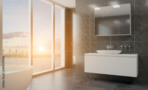 Spacious bathroom in gray tones with heated floors  freestanding tub. 3D rendering.. Sunset.