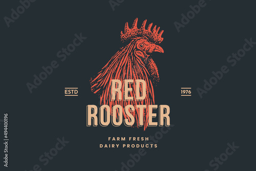Rooster head. Hand-drawn retro picture with a bird in engraving style. Can be used for restaurant menu design, market packaging, and labels. Vector vintage illustrations on a red background.