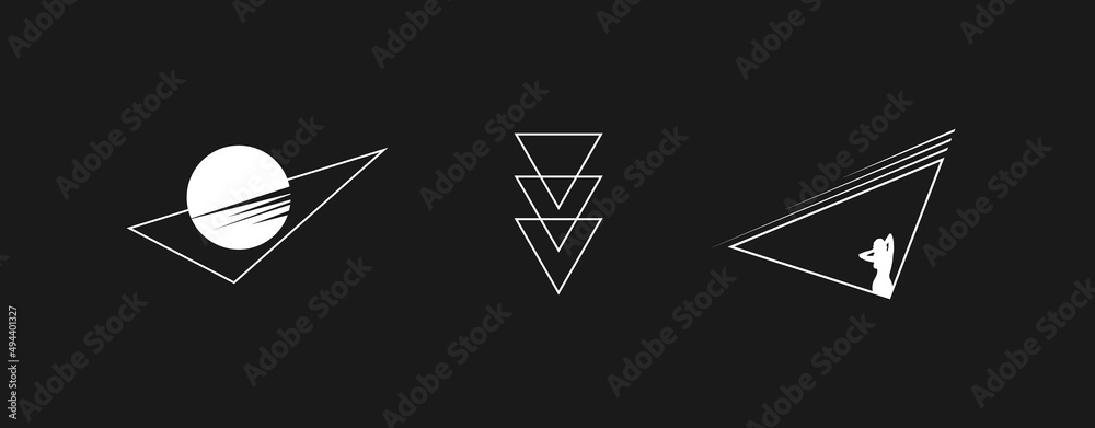 Set of retrowave design elements. Triangles with striped sun and sexy woman silhouette and linear triangle composition. Pack of retrowave 1980s style design elements. Vector