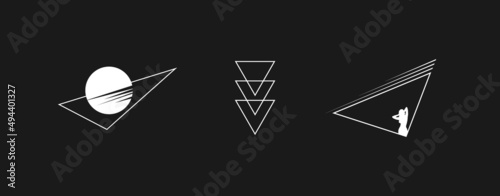Obraz na płótnie Set of retrowave design elements. Triangles with striped sun and sexy woman silhouette and linear triangle composition. Pack of retrowave 1980s style design elements. Vector w salonie