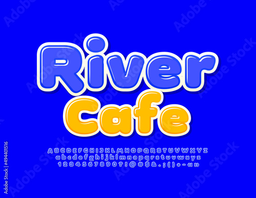 Vector colorful Emblem River Cafe. Modern Blue Font. Artistic Alphabet Letters and Numbers set