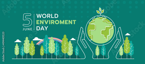 world environment day - abstract white line hand hold care globe world with tree sapling and forest, mountains and rainbow around on green background vector design