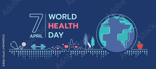 world health day - heart beat wave line connect to globe world with hearts symbol, stethoscope, dumbbell, exercise person and apple around and abstract dot on blue background vector design