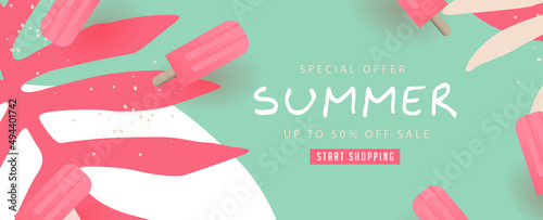 Summer sale design with pretty pink ice cream Color background banner