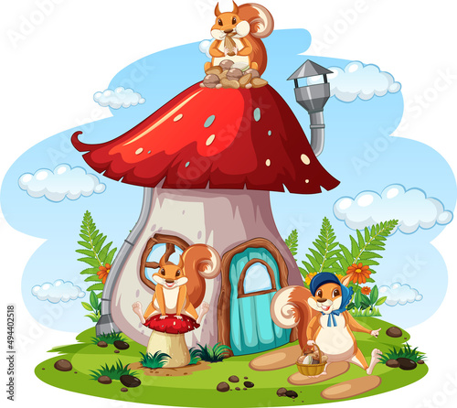 Scene with squirrels at mushroom house