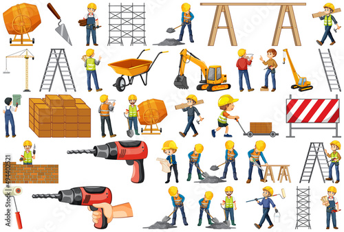 Construction worker set with people and tools photo