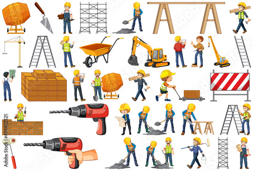 Construction worker set with people and tools