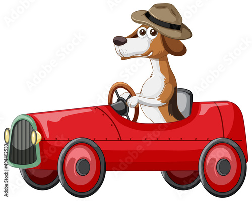 Funny dog cartoon character driving car on white background