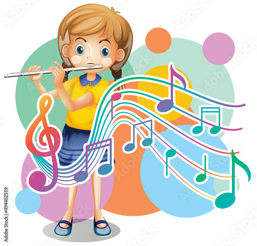 A little girl blowing flute with music notes on white background