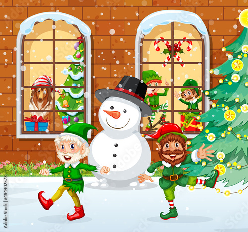 Outdoor scene with Christmas elf cartoon character