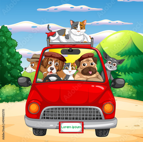 Cartoon dogs and cats on road trip