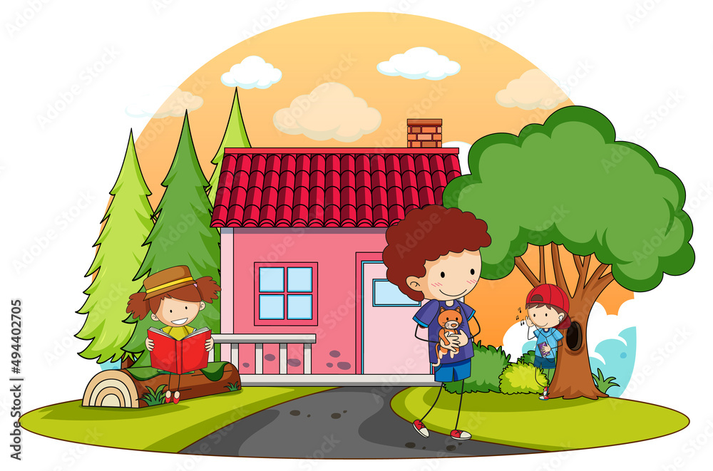 Naklejka premium A simple house with kids in nature background