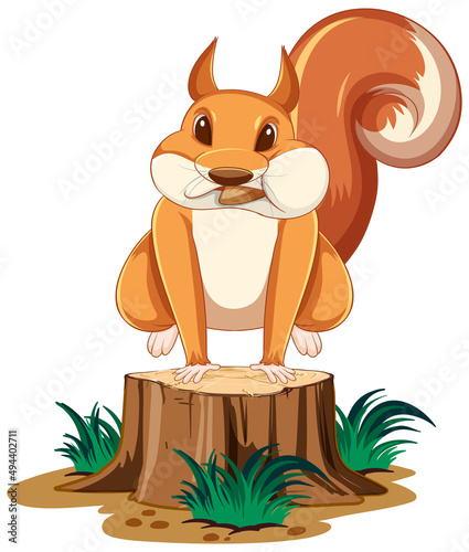 Cute cartoon squirrel jumping on stump with white background