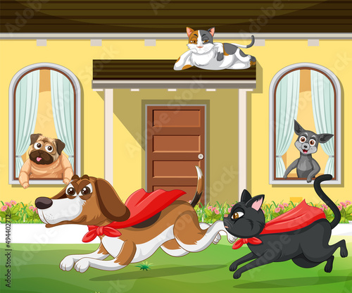 Outdoor scene with cartoon cats and dogs