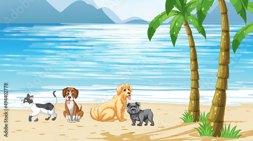Set of different domestic animals on the beach scene