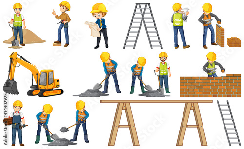 Construction worker set with man doing different jobs