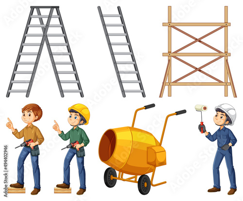 Construction worker set with man and tools