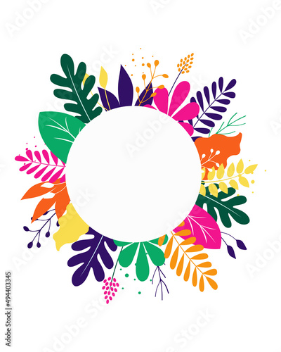 Circle Floral banner with colorful leaves and branches. Decorative frame  for banner, flyer, invitation, social media post design element.