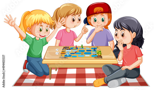 Happy kids playing boardgame on white background