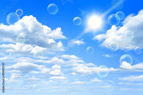 雲のある青空に太陽が光輝く景色と美しいシャボン玉の飛ぶ美しい初夏フレーム背景素材