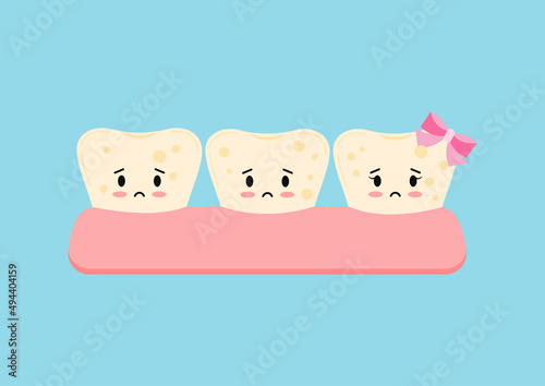 Cute tooth with yellow plaque before whitening icon. Teeth stain treatment, cleaning, whitening concept. Flat cartoon emoji character vector illustration. Dental hygiene stained teeth