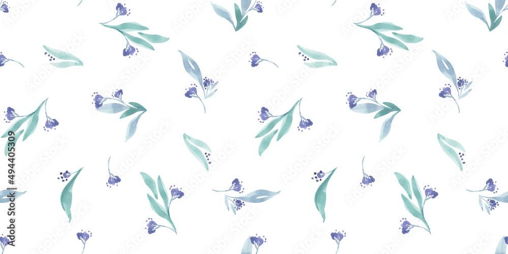 motif au rapport de petits bouquets de fleurs aquarelle lavande et verte avec leurs feuilles sur fond blanc motif au rapport de petits bouquets de fleurs aquarelle lavande et verte avec leurs feuilles sur fond blanc