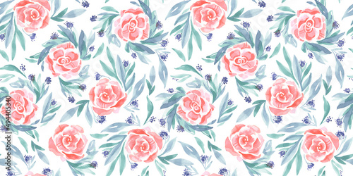 motif fleur aquarelle bouquet de rose et petites fleurs violette sur fond blanc