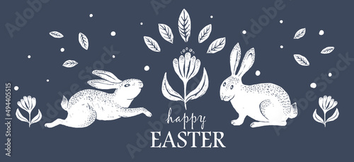Cute hand-drawn Easter horizontal design with bunnies  flowers  and leaves