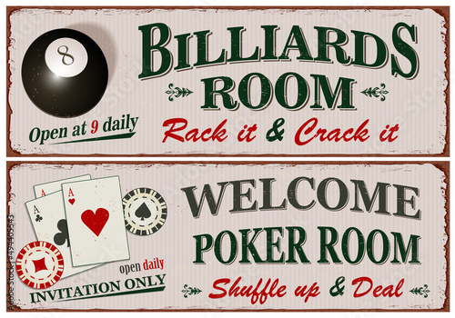 Gambling vintage vector poster collection.Retro Billiards,Poker metal sign.