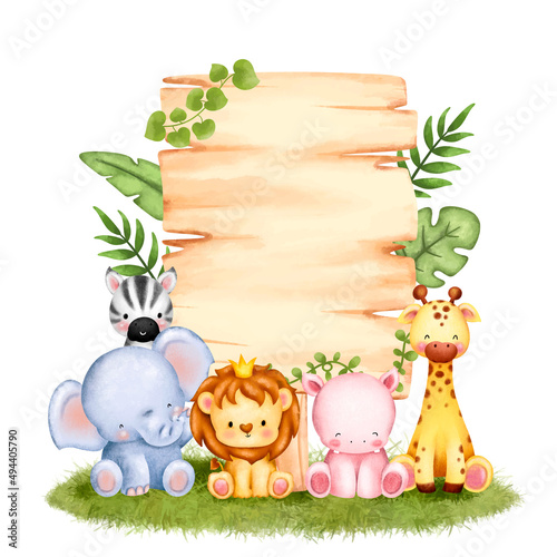 Watercolor Wooden sign and safari animals 