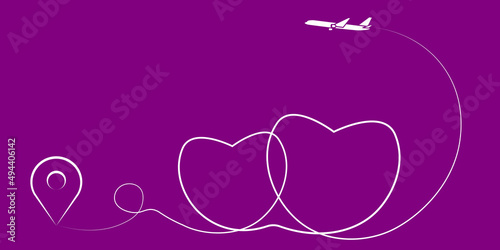 Global logistics network. Airplane route in two heart  shape. Romantic travel concept. Velvet Violet background with start point,  two heart, airplane and  line trace. Vector illustration EPS10.