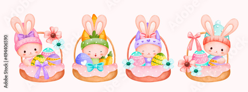 Watercolor set of Easter Rabbit holding Easter Eggs 