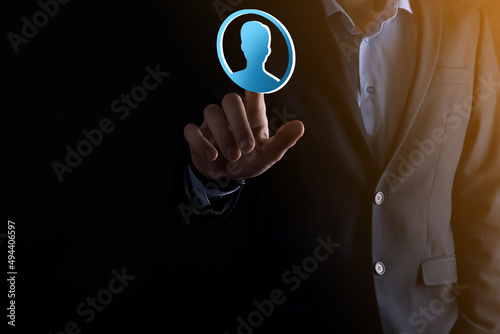 Businessman holding on hand icon of user man,woman 3D style. Internet icons interface foreground. global network media concept.