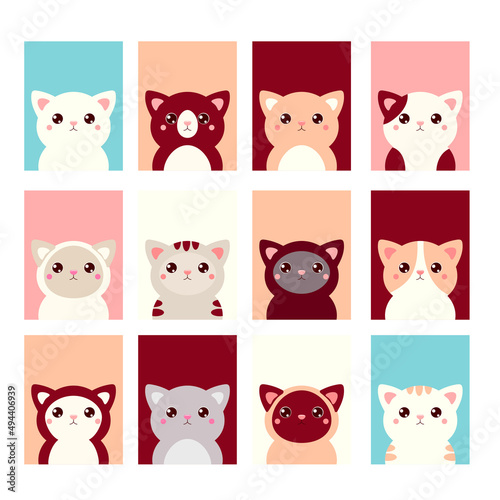 Set of kawaii member icon. Cards with cute cartoon cats. Baby collection of avatars with kitty. Vector illustration EPS8