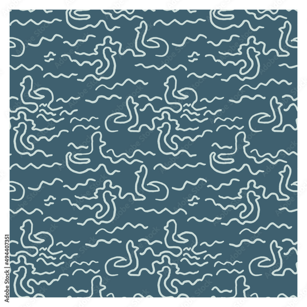 Seamless pattern of funny ducks silhouette and waves. Figure for textiles. Repeating texture. Seamless pattern of funny ducks silhouette and waves. Figure for textiles. Repeating texture.
