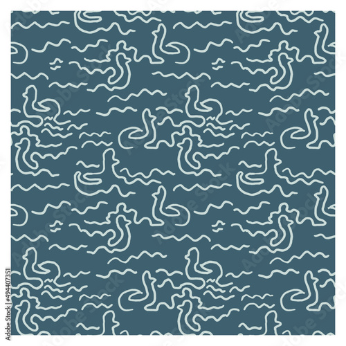 Seamless pattern of funny ducks silhouette and waves. Figure for textiles. Repeating texture.