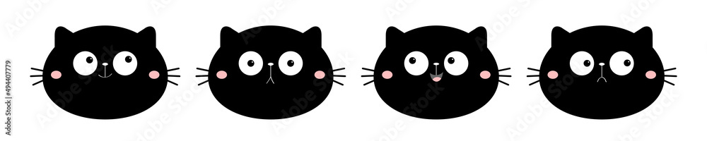 Cute cat face set line. Funny cartoon characters. Emotion collection. Happy, surprised, crying, sad, angry, smiling. Black silhouette sticker. White background. Isolated. Flat design.
