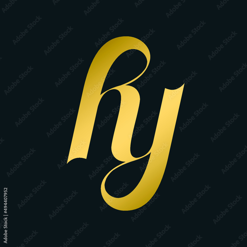 Fototapeta premium HY monogram logo.Typographic signature icon.Letter h and letter y.Lowercase lettering sign isolated on dark fund.Wedding, fashion, beauty alphabet initials.Elegant, luxury style.Gold color.