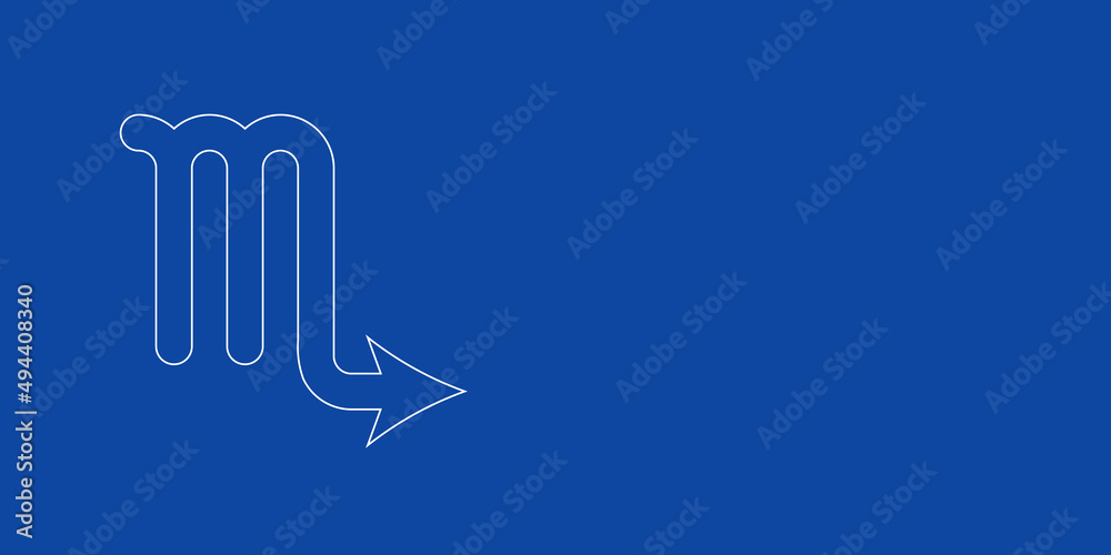 A large white outline zodiac scorpio symbol on the left. Designed as thin white lines. Vector illustration on blue background A large white outline zodiac scorpio symbol on the left. Designed as thin white lines. Vector illustration on blue background