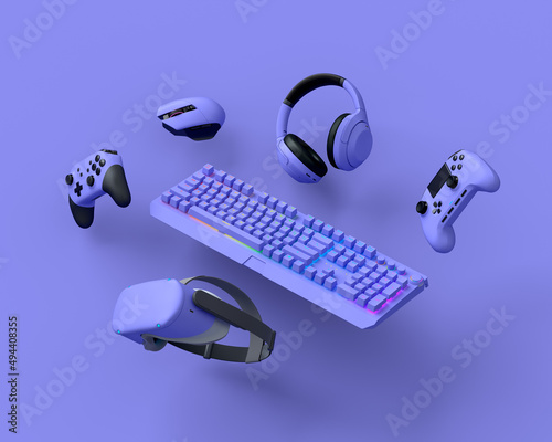 Flying gamer gears like keyboard, joystick, headphones, VR glasses, microphone