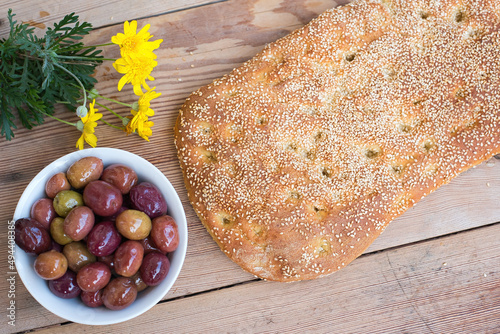 Bread with sesame, without dough, Greek traditional bread called lagana, for the Clean Monday photo