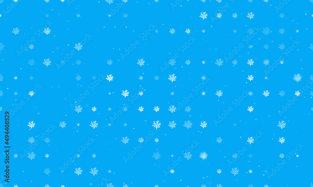Seamless background pattern of evenly spaced white coral symbols of different sizes and opacity. Vector illustration on light blue background with stars Seamless background pattern of evenly spaced white coral symbols of different sizes and opacity. Vector illustration on light blue background with stars