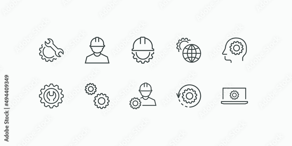 engineering, engineer, settings, cog, setup, gear icon vector set Stock
