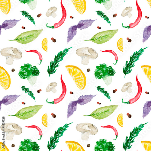 Colorful pattern with spices, broccoli , basil, bay leaf, pepper, rosemary, mushroom and lemon on a white background